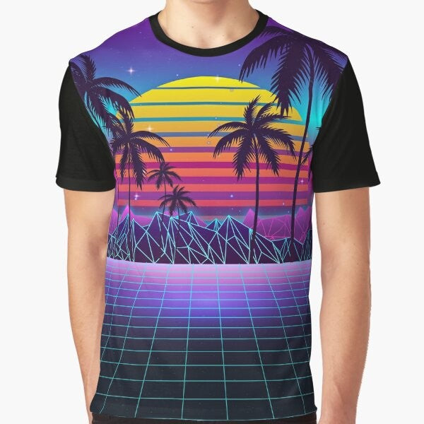 Radiant sunset synthwave graphic t-shirt with aesthetic retro and futuristic design