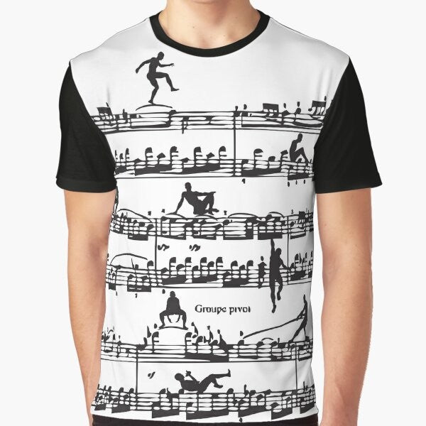 Illustration of Mozart's silhouette with musical notes and instruments on a men's graphic t-shirt