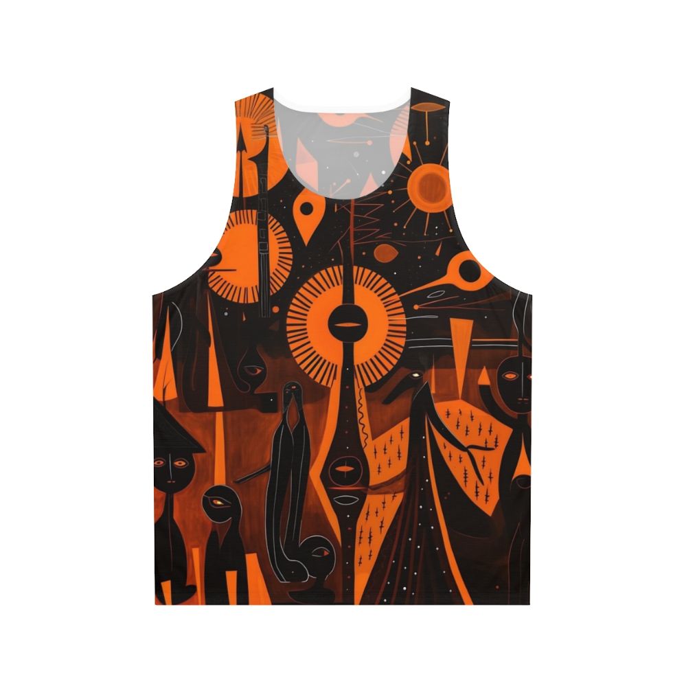 Unisex tank top with nature-inspired woodcut artwork featuring ancient spiritual symbols