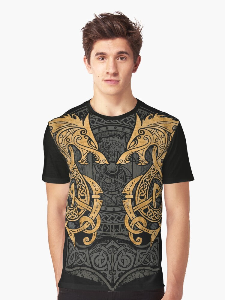 Gold graphic t-shirt featuring Fenrir, the legendary wolf from Norse mythology - Men