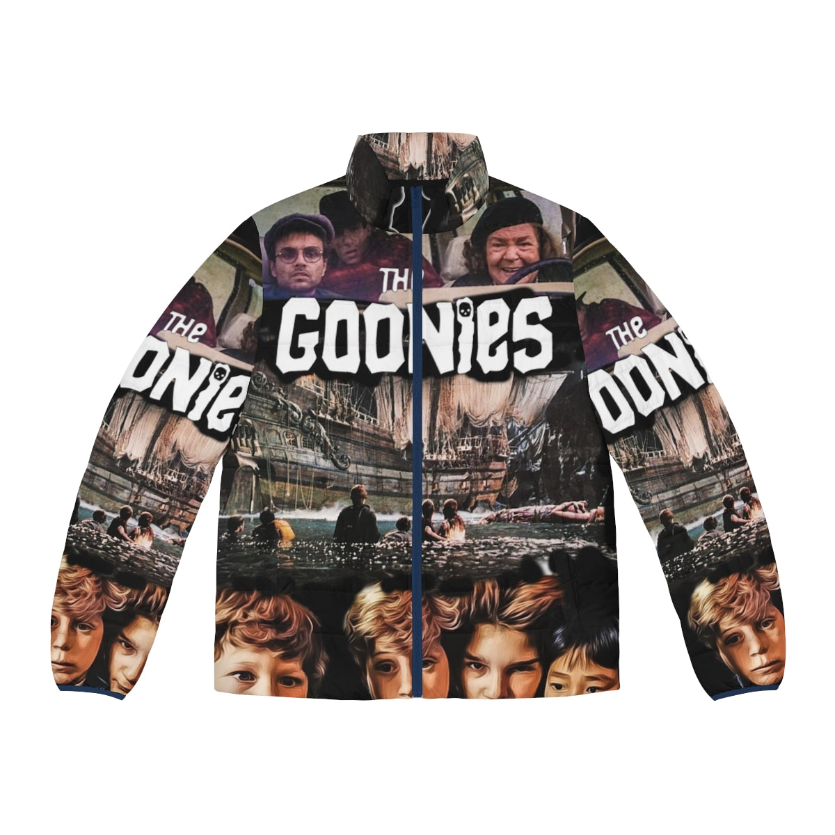 A puffer jacket featuring the iconic logo and imagery from the classic 1980s film The Goonies