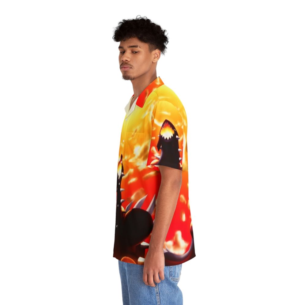 Groudon-inspired Hawaiian shirt with tropical landscape and Pokemon fan art design - People Left