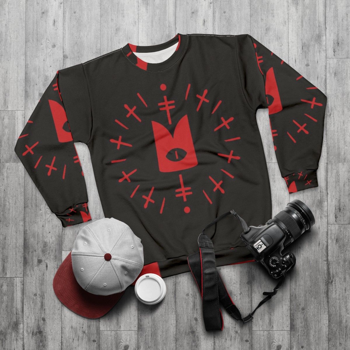 Cult of the Lamb Ritual Red Sweatshirt with Occult Symbols - flat lay