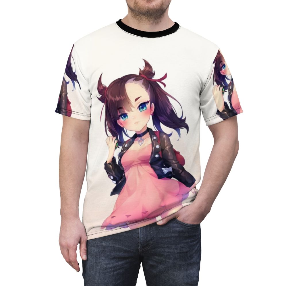 Anime-inspired digital print t-shirt featuring fan art of the Pokemon character Marnie - men front