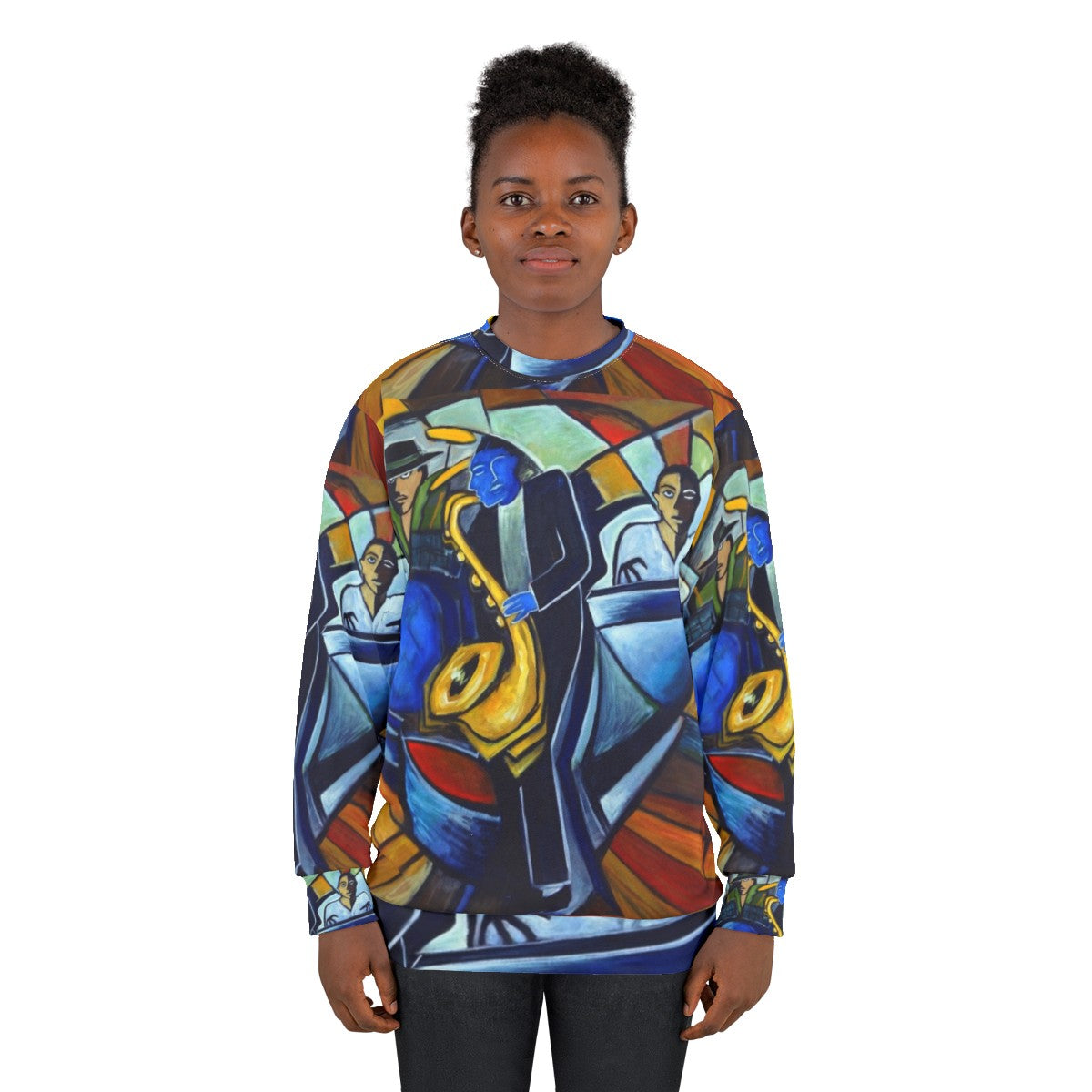 Jam Session Sweatshirt featuring jazz, blues, and music motifs - women