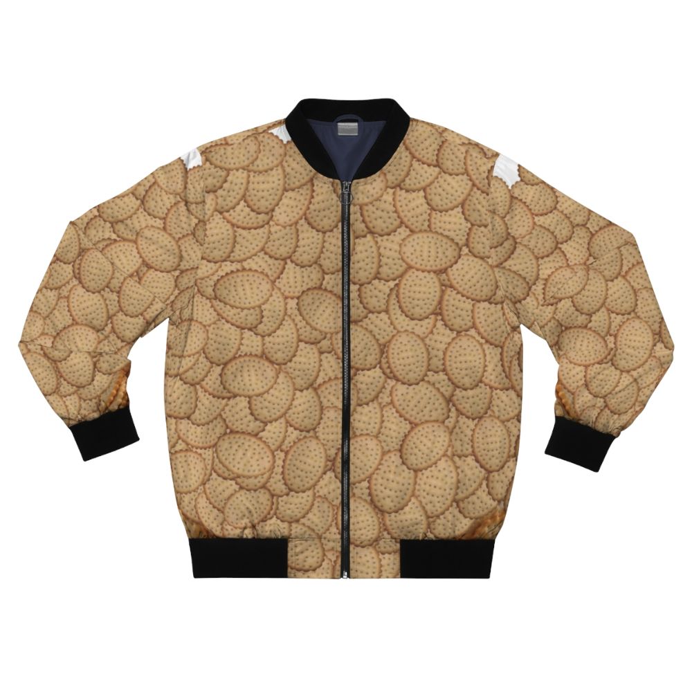 A bomber jacket featuring a collage design of chicken crimpy shapes, Arnotts biscuits, and crimpies.