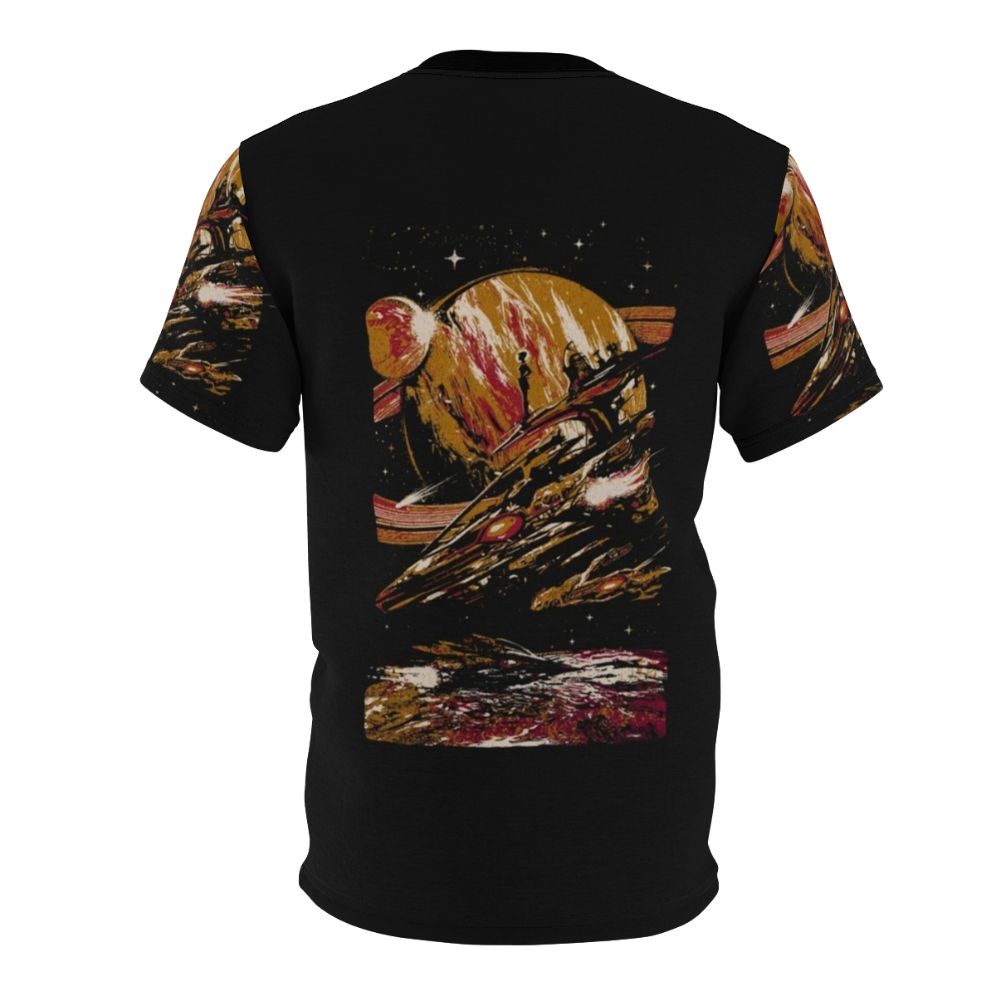 Futuristic sci-fi t-shirt featuring a space-themed design with planets, stars, and a flashlight. - Back