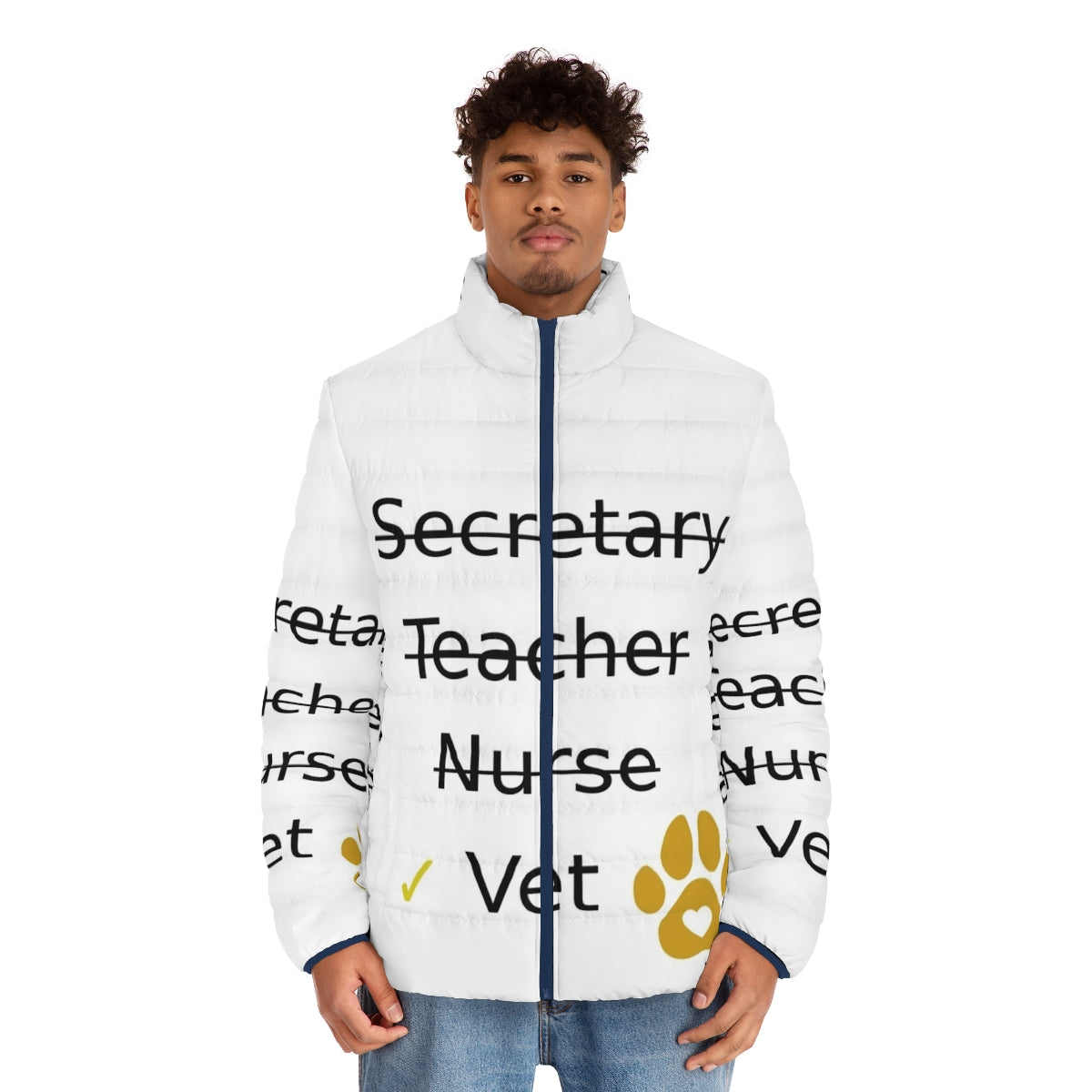 Veterinary puffer jacket with occupations and professions design - men front