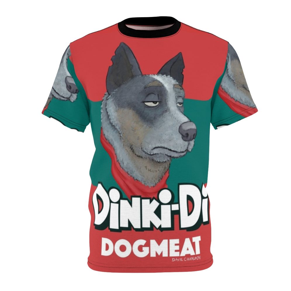 Graphic t-shirt featuring a cartoon dog in a post-apocalyptic, dystopian setting