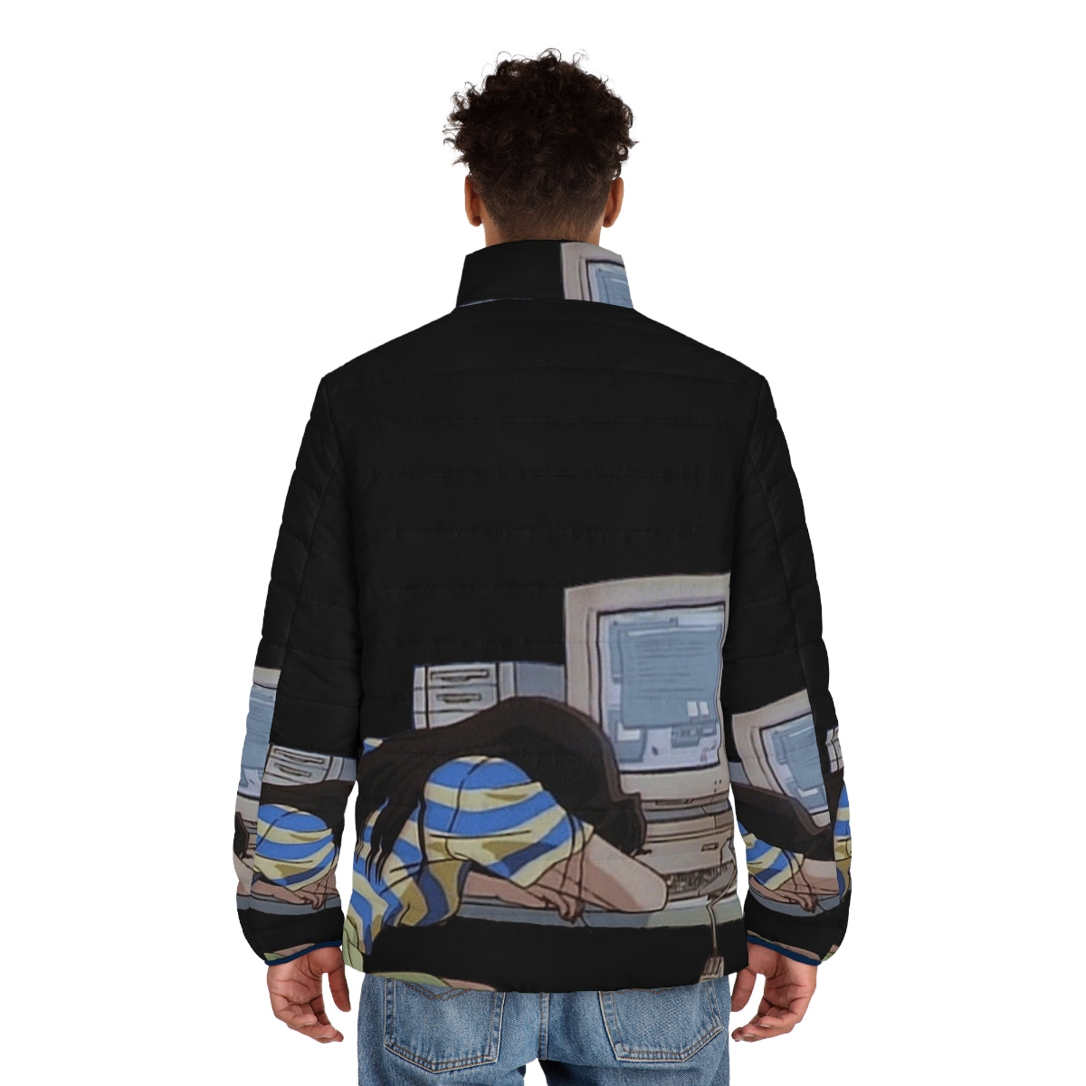 Puffer jacket with vaporwave and anime girl graphics - men back