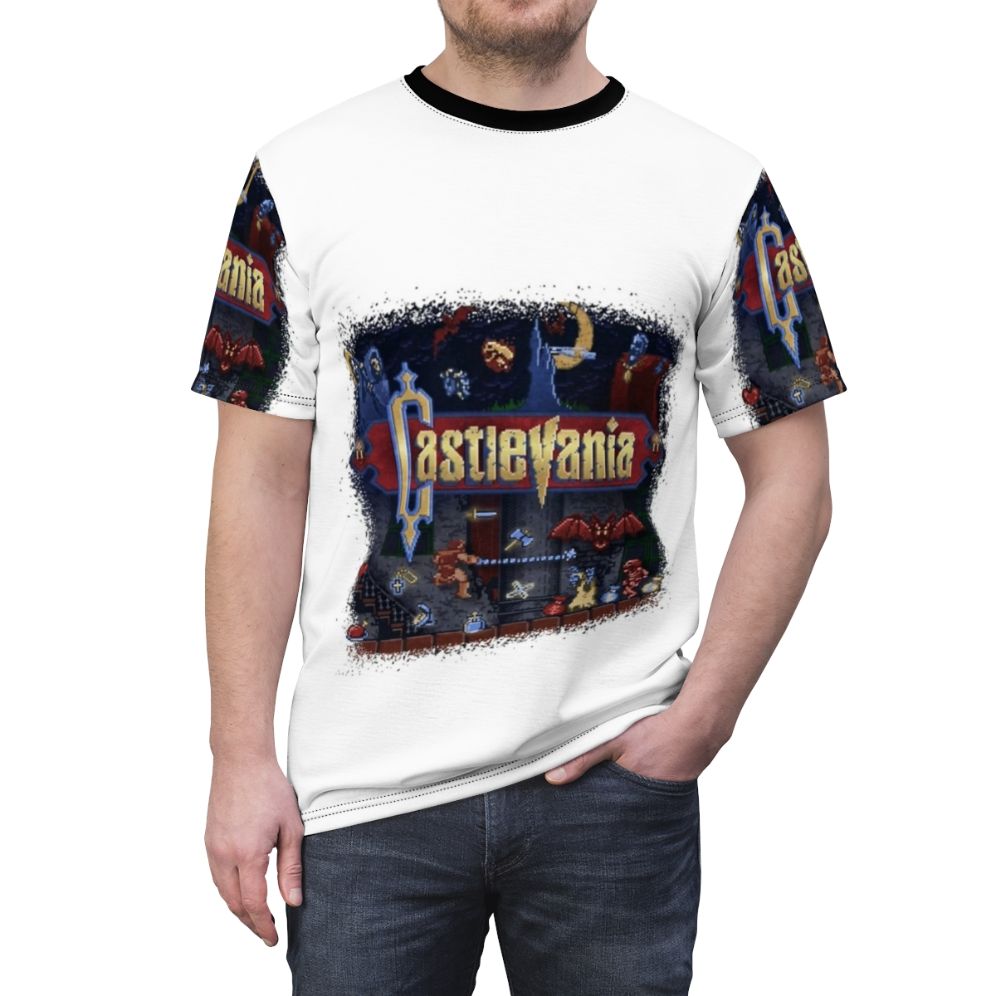 Castlevania-inspired anime graphic t-shirt with retro video game style design - men front