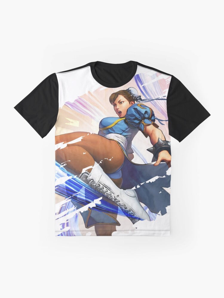 Chun Li, the iconic Street Fighter video game character, featured on a graphic t-shirt - Flat lay