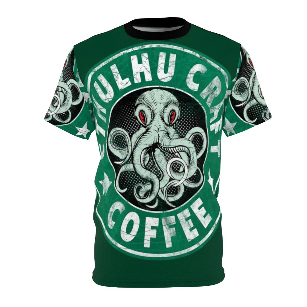 Cthulhu-inspired graphic t-shirt featuring an octopus-like monster and coffee cup design