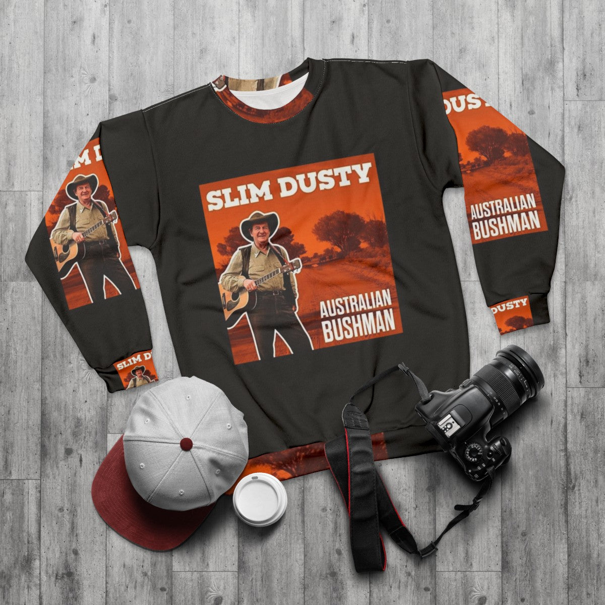 Slim Dusty inspired graphic sweatshirt with country music art - flat lay