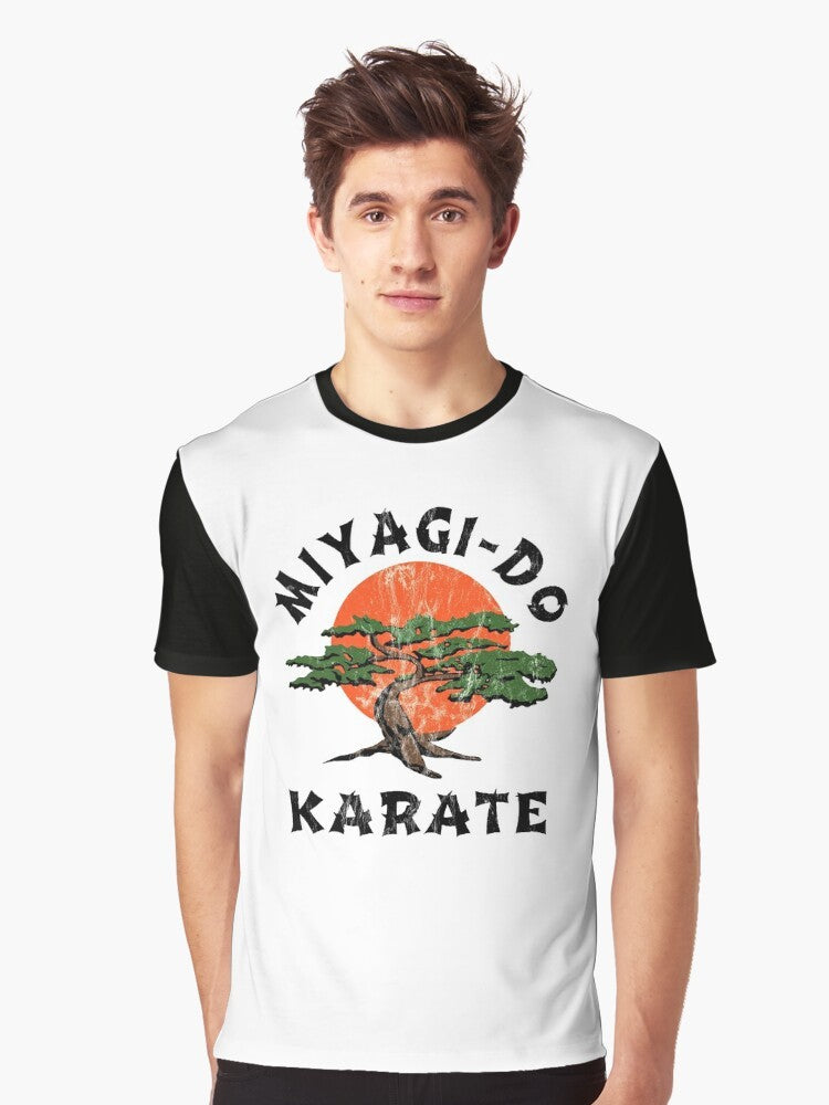 Vintage-style "Miyagi Do Karate" graphic t-shirt with distressed design, featuring karate kid and martial arts elements. - Men