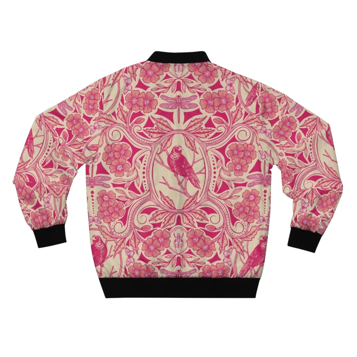 Vibrant floral bomber jacket featuring a detailed crow and dragonfly design in hot pink, red, and cream colors. - Back