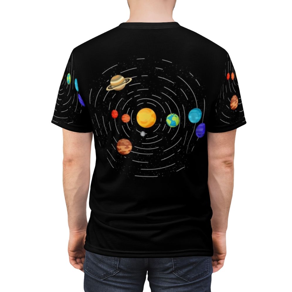 Discreet Pride Flag AOP T-Shirt featuring a minimalist, subtle design with a rainbow flag and space/planets motif. - men back