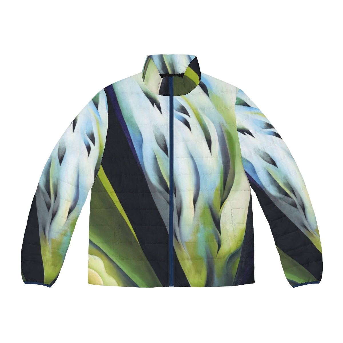 Georgia O'Keeffe inspired puffer jacket with vibrant blue and green floral abstraction design