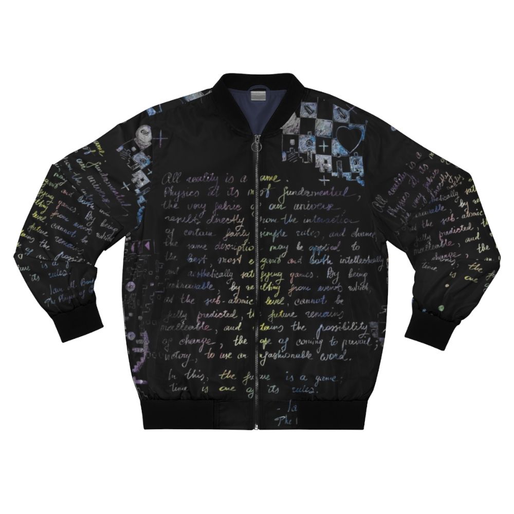 A retro-styled bomber jacket featuring a doodle design and quotes from the sci-fi novel "The Player of Games" by Iain M. Banks.