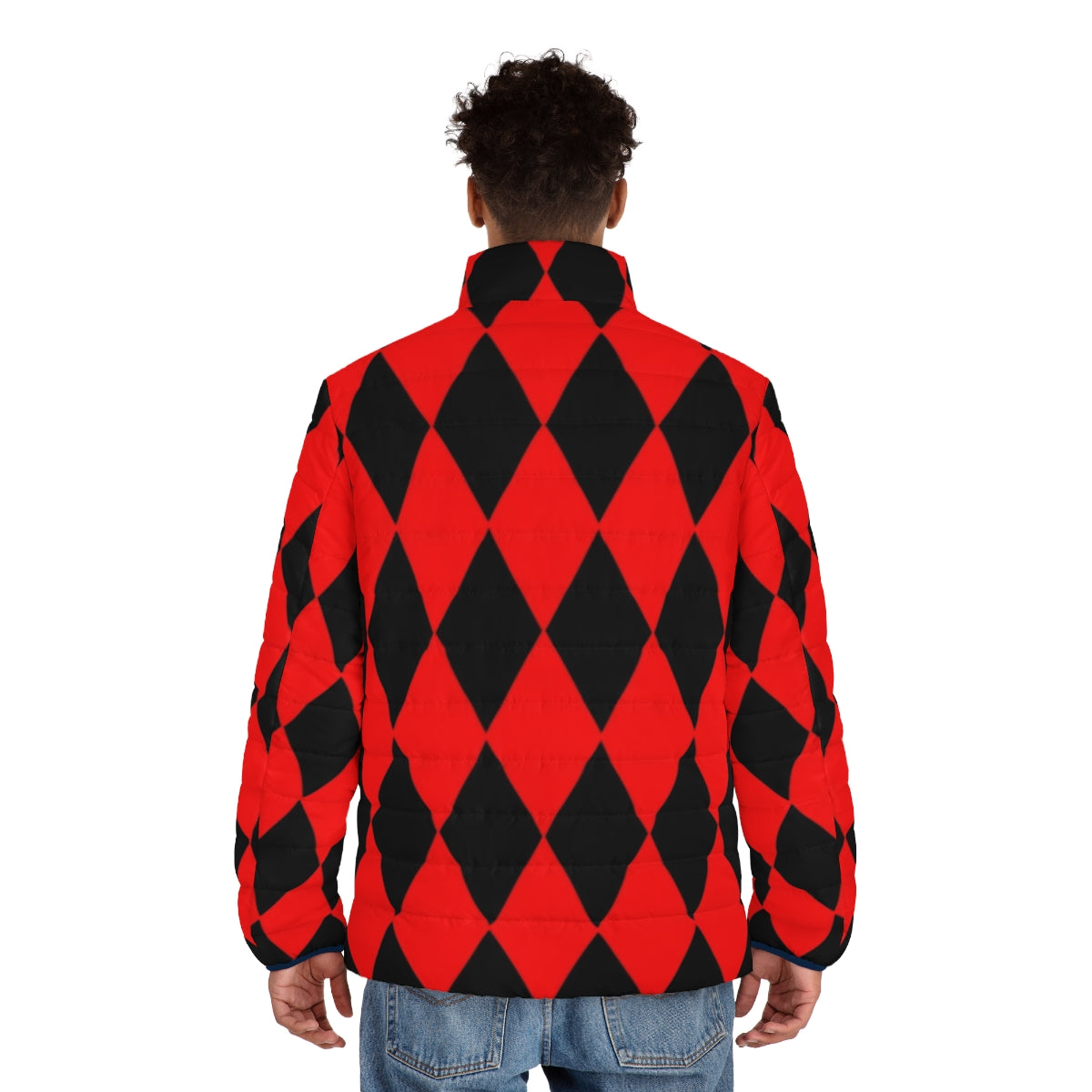 Red and black diamond patterned puffer jacket - men back