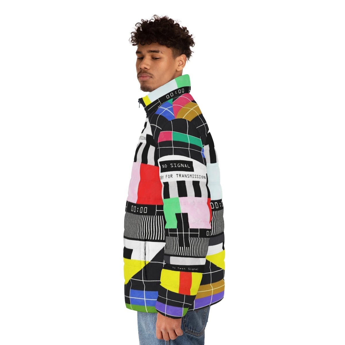 Standby For Transmission Puffer Jacket with retro graphic design and glitch art - men side left