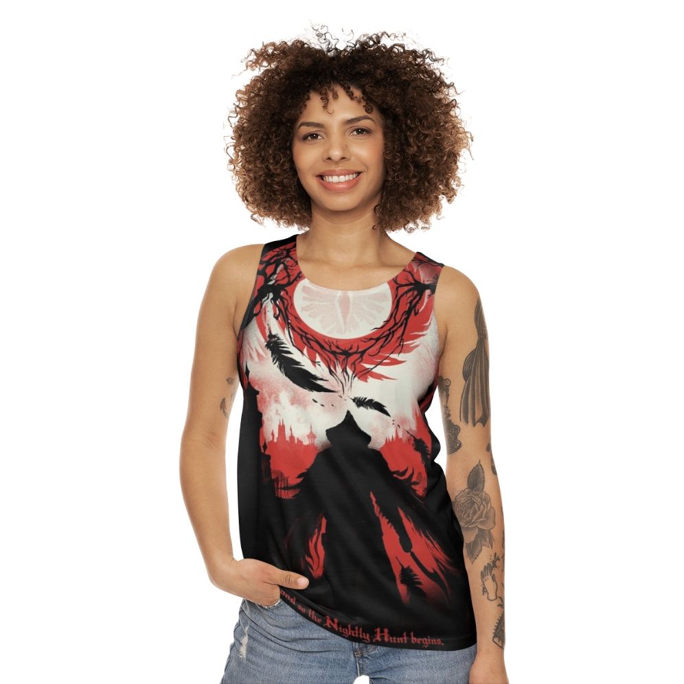 Dark Souls and Bloodborne inspired unisex tank top with the text "And So The Nightly Hunt Begins" - women