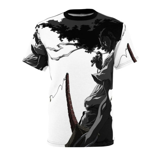 Striking Afro Samurai themed t-shirt design featuring a monochrome samurai character