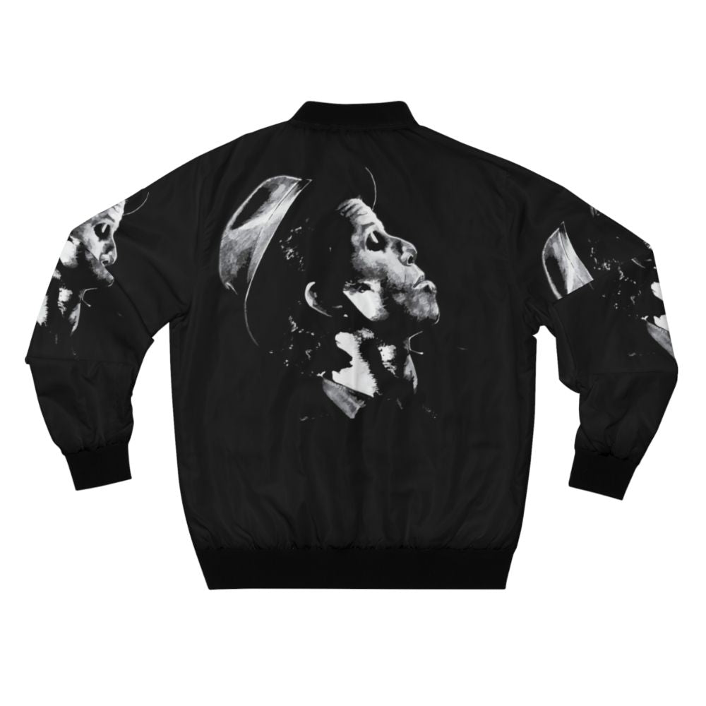 A bomber jacket featuring the image of Tom Waits, a renowned American singer-songwriter. - Back