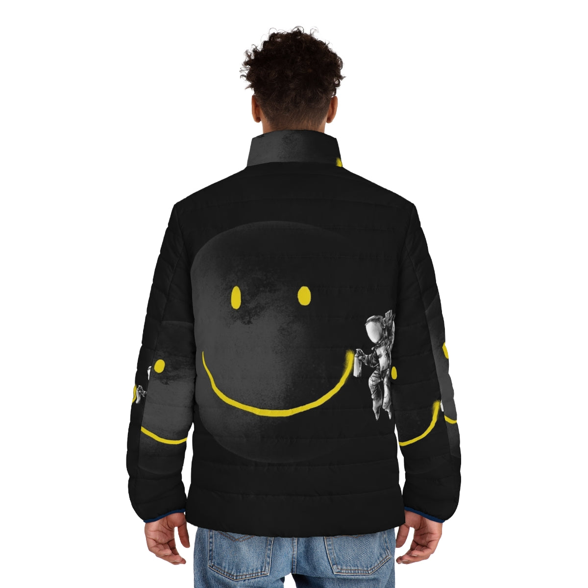 Puffer jacket with a surreal, abstract smiling face design against a cosmic, space-inspired background - men back