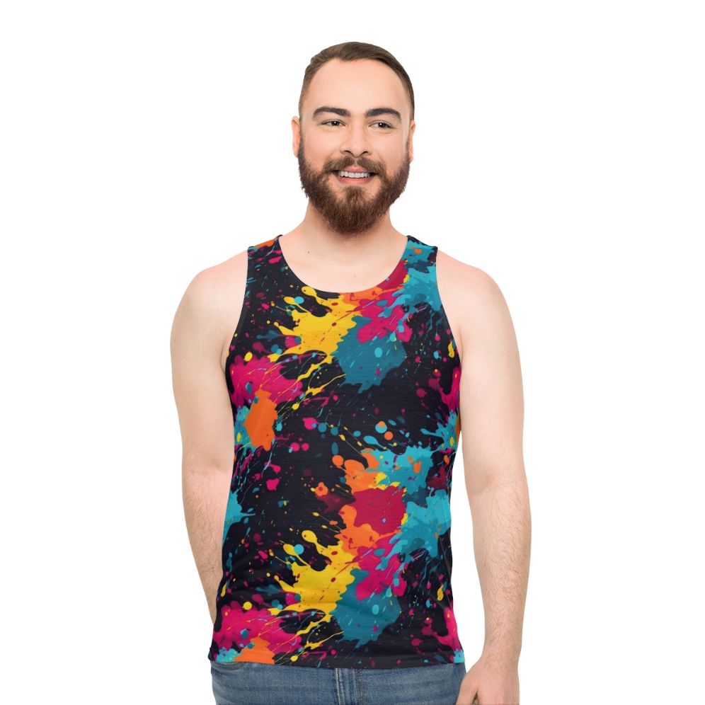 Colorful paint splatter design on a unisex tank top - men