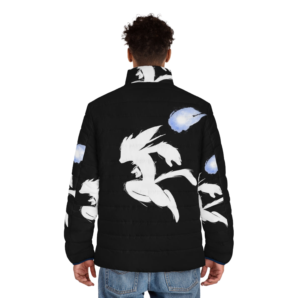 Ori and the Blind Forest inspired puffer jacket with watercolor forest design - men back