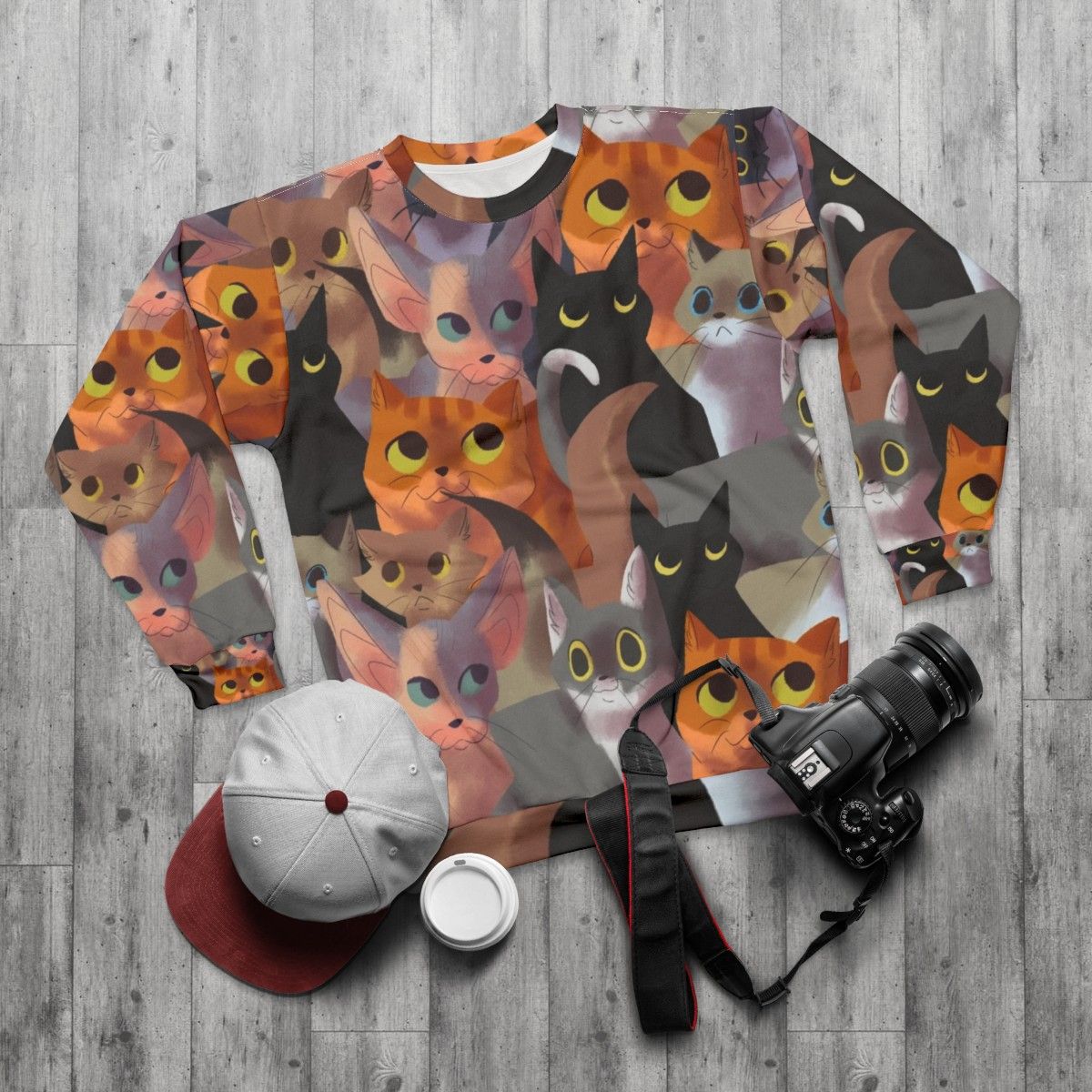 Lotsa Cats Sweatshirt featuring an adorable cat print pattern - flat lay