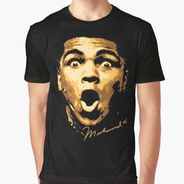 Vintage-style graphic t-shirt featuring a portrait of legendary boxer Muhammad Ali with motivational boxing-themed design