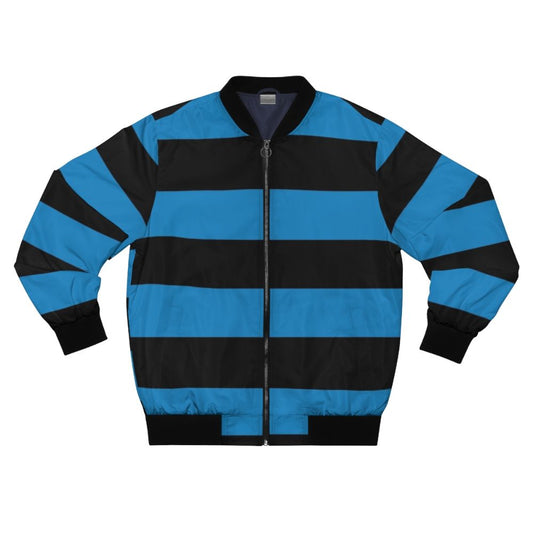 Large blue and black horizontal striped bomber jacket