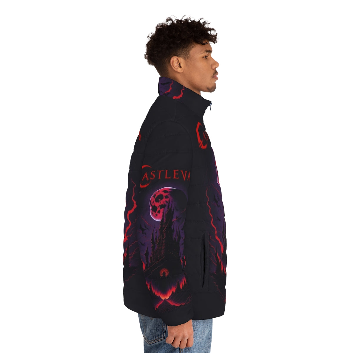 Castlevania Hidden Secrets Puffer Jacket featuring characters from the Netflix series - men side right