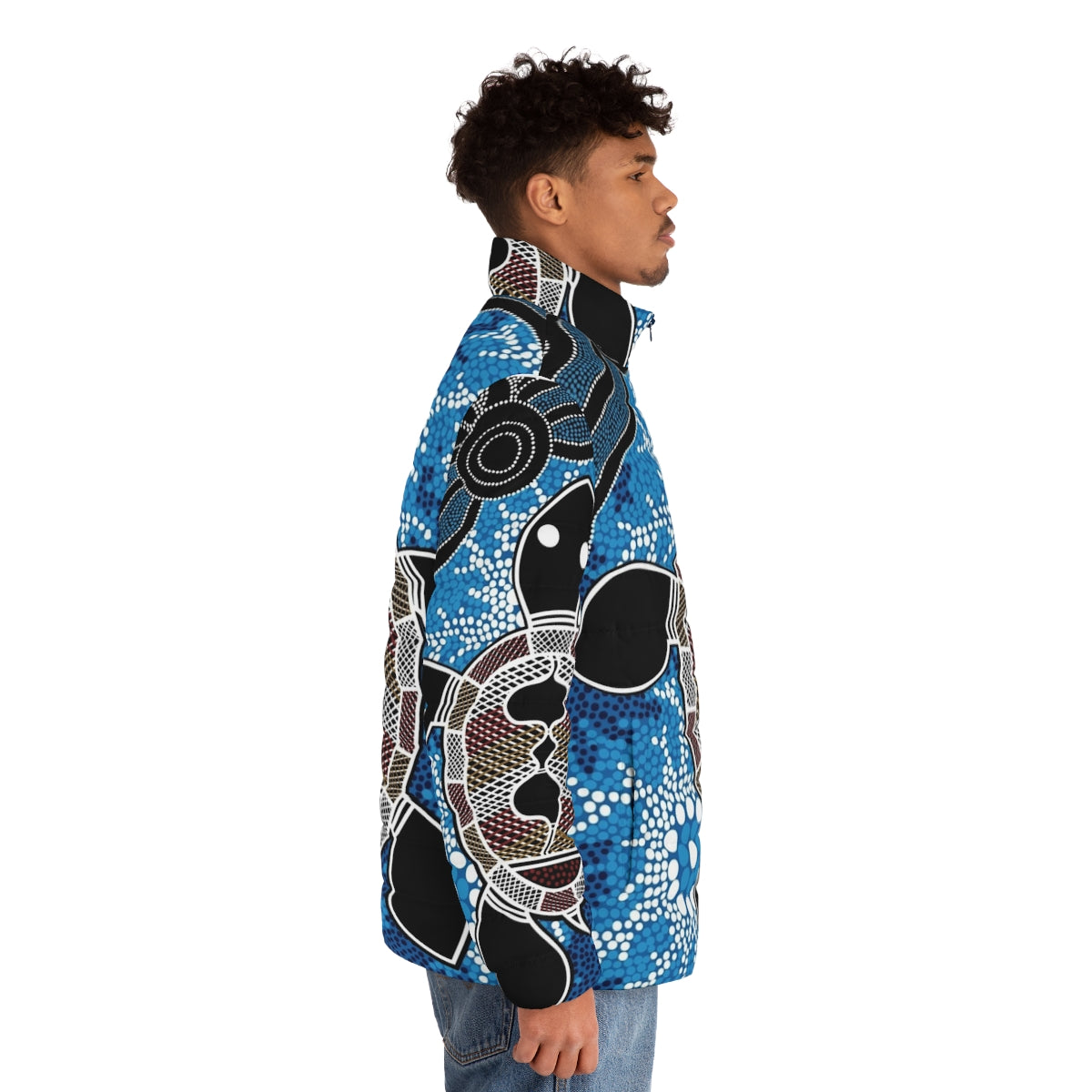 Authentic Aboriginal Art Sea Turtles Puffer Jacket, featuring indigenous Australian dreamtime art - men side right