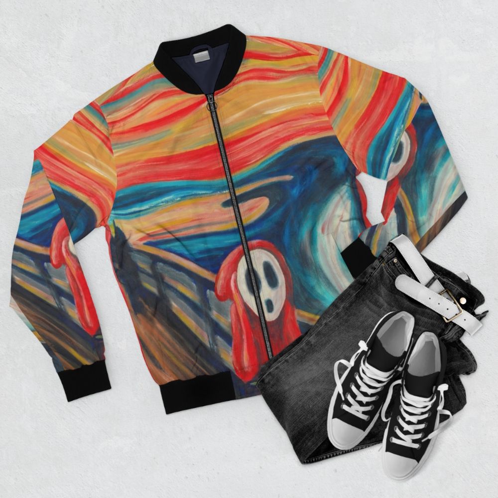 Bomber jacket featuring the iconic "The Scream" painting by Edvard Munch - Flat lay