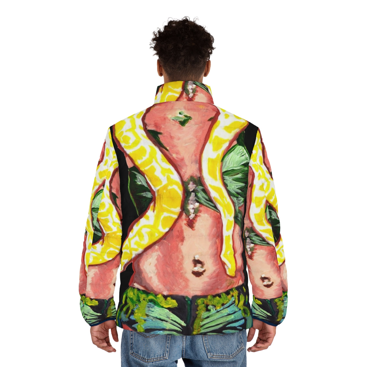 Retro 90s style snake puffer jacket in vibrant pop art design - men back