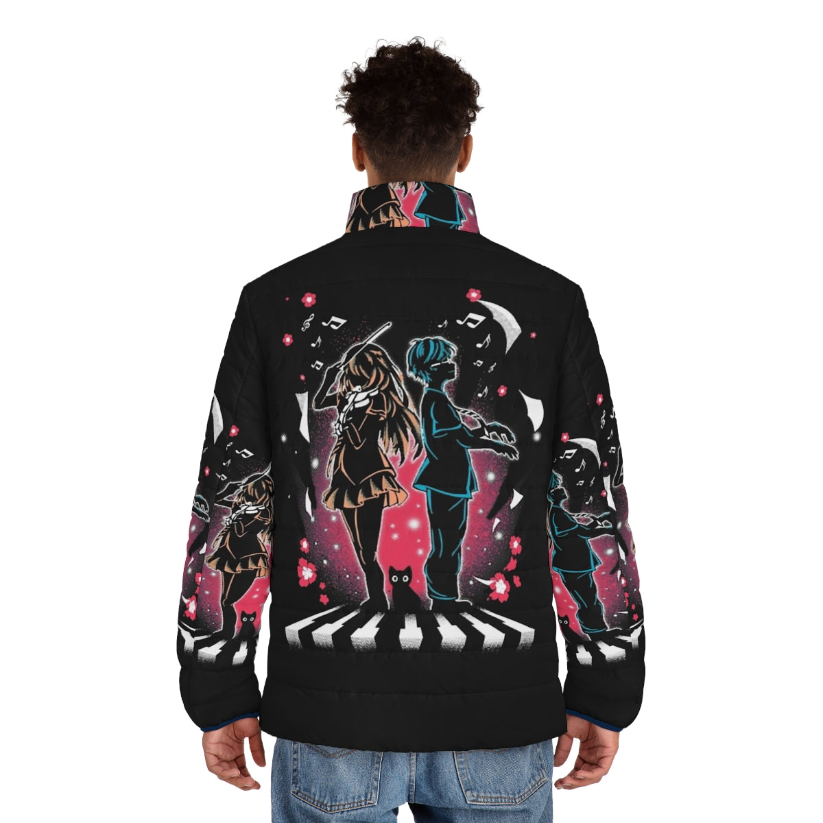 "Lie In April" Puffer Jacket with Anime Inspired Design - men back