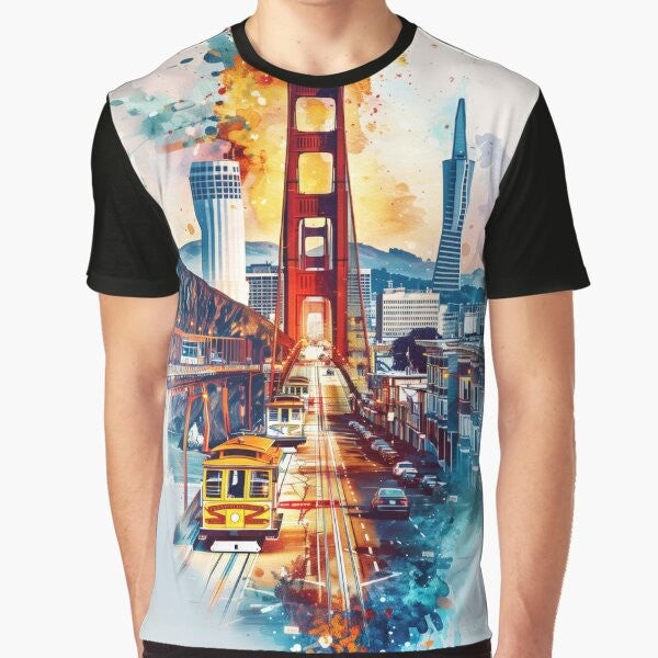 Graphic t-shirt featuring the iconic San Francisco Golden Gate Bridge and cable cars in a vibrant, artistic collage design.