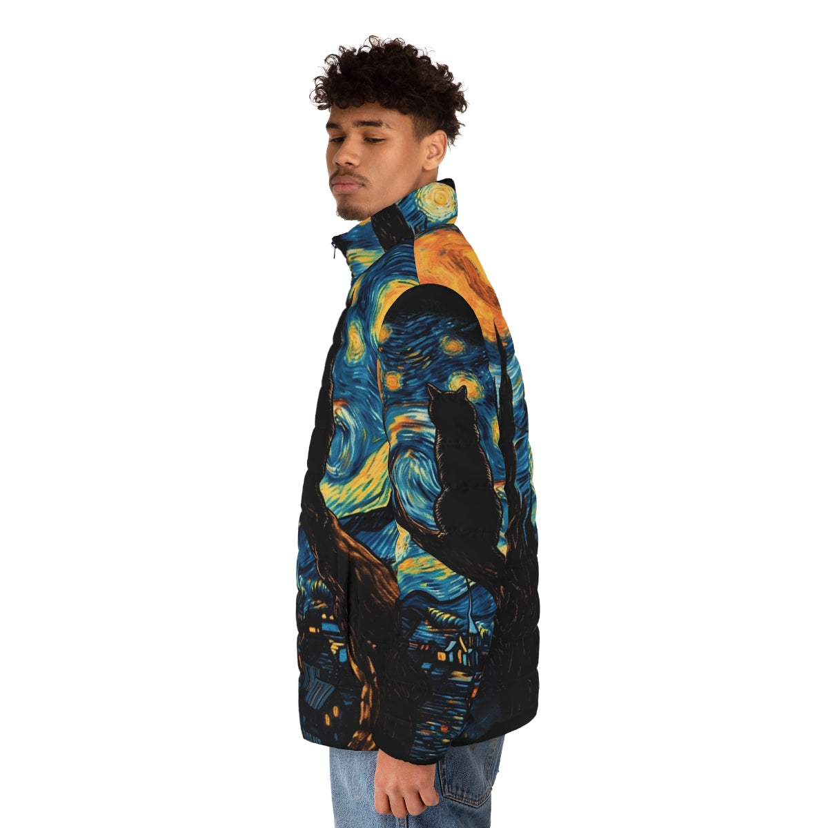 Vincent Van Gogh Starry Night inspired black cat puffer jacket - men side left