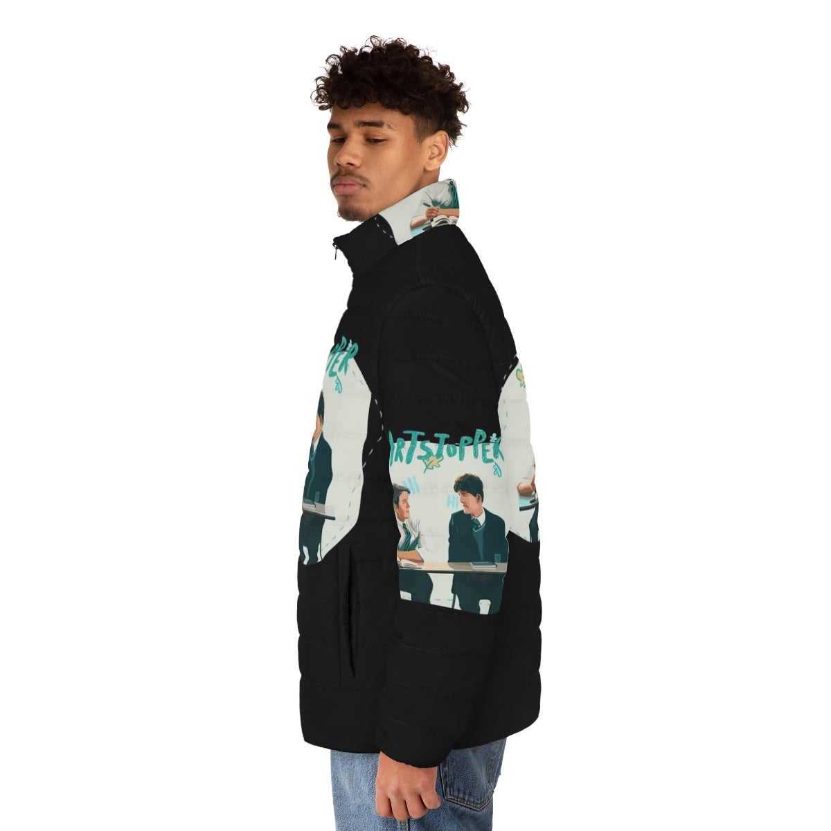 Heartstopper inspired puffer jacket with "Hi" design, perfect for fans of the popular LGBTQ+ Netflix series - men side left