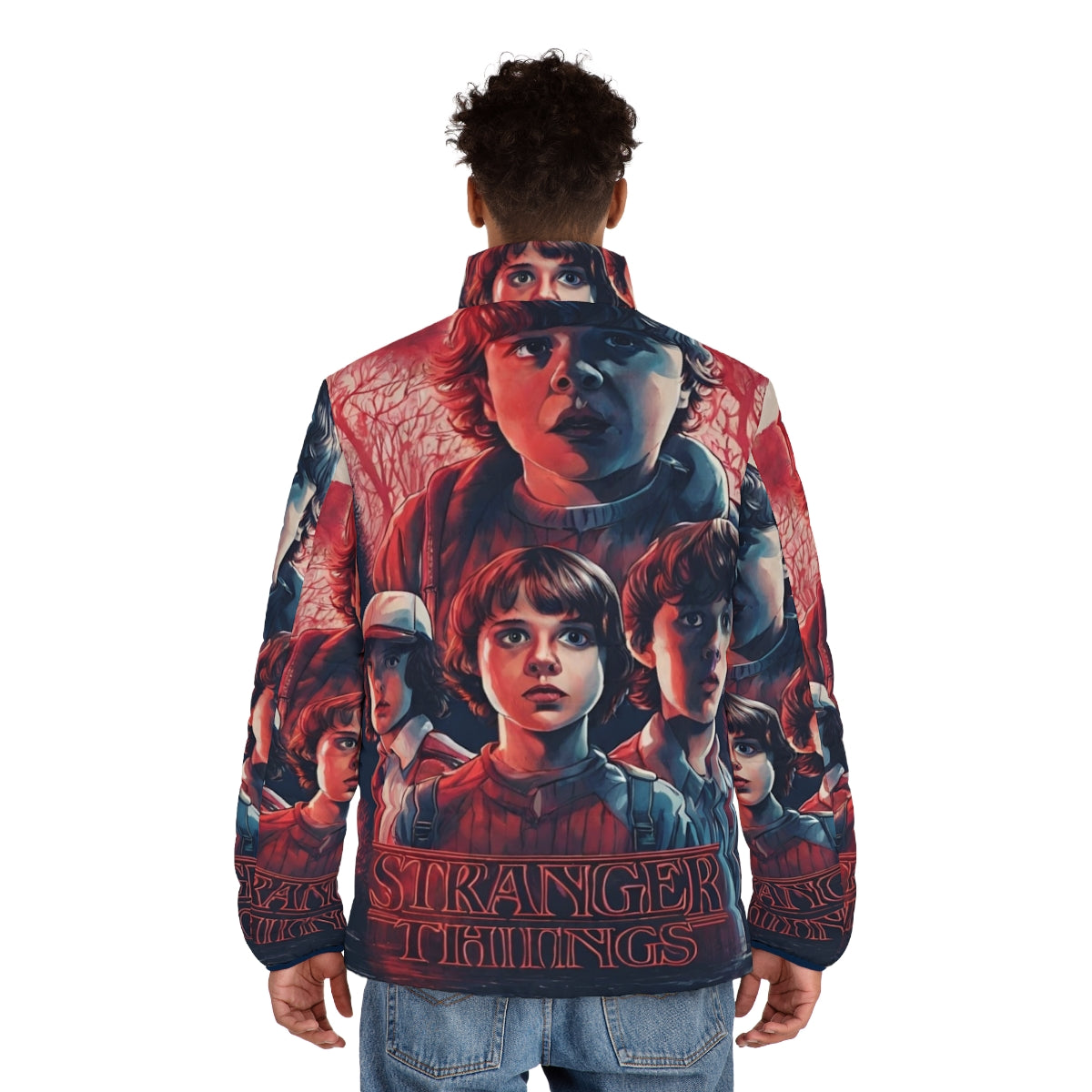 Stranger Things inspired puffer jacket featuring characters and elements from the popular sci-fi/horror series - men back