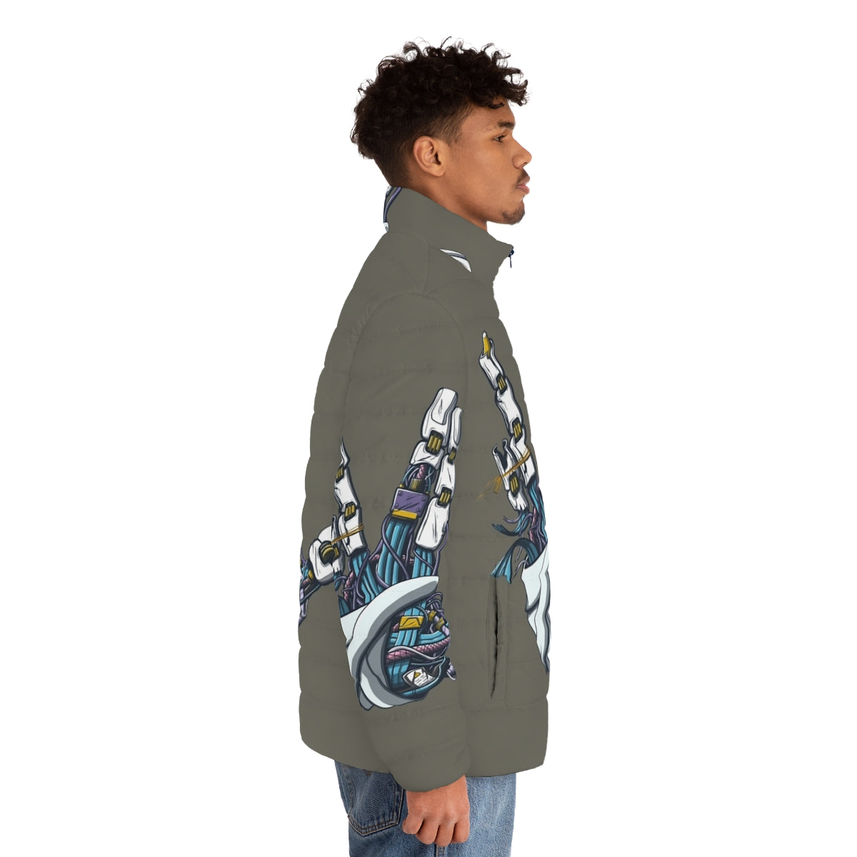 Mecha-inspired Star Trek Vulcan salute puffer jacket with sci-fi graphics - men side right