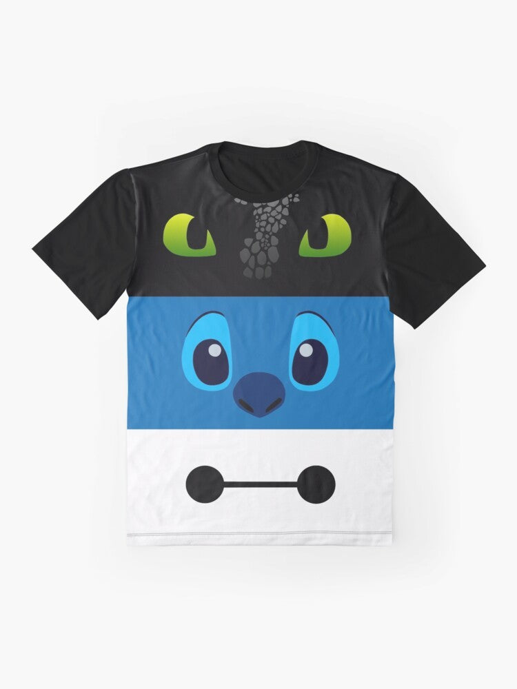 Graphic t-shirt featuring three vibrant colors and minimalist Lilo and Stitch inspired design - Flat lay