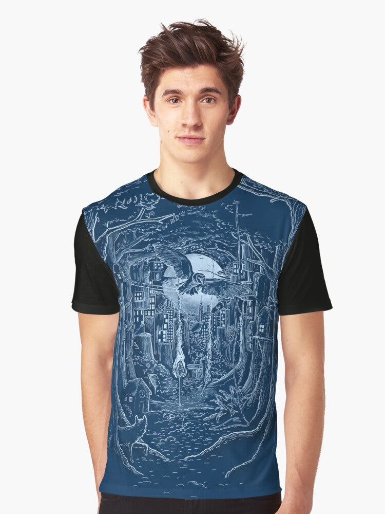 Graphic t-shirt featuring a forest scene with a full moon, animals, and trees - Men