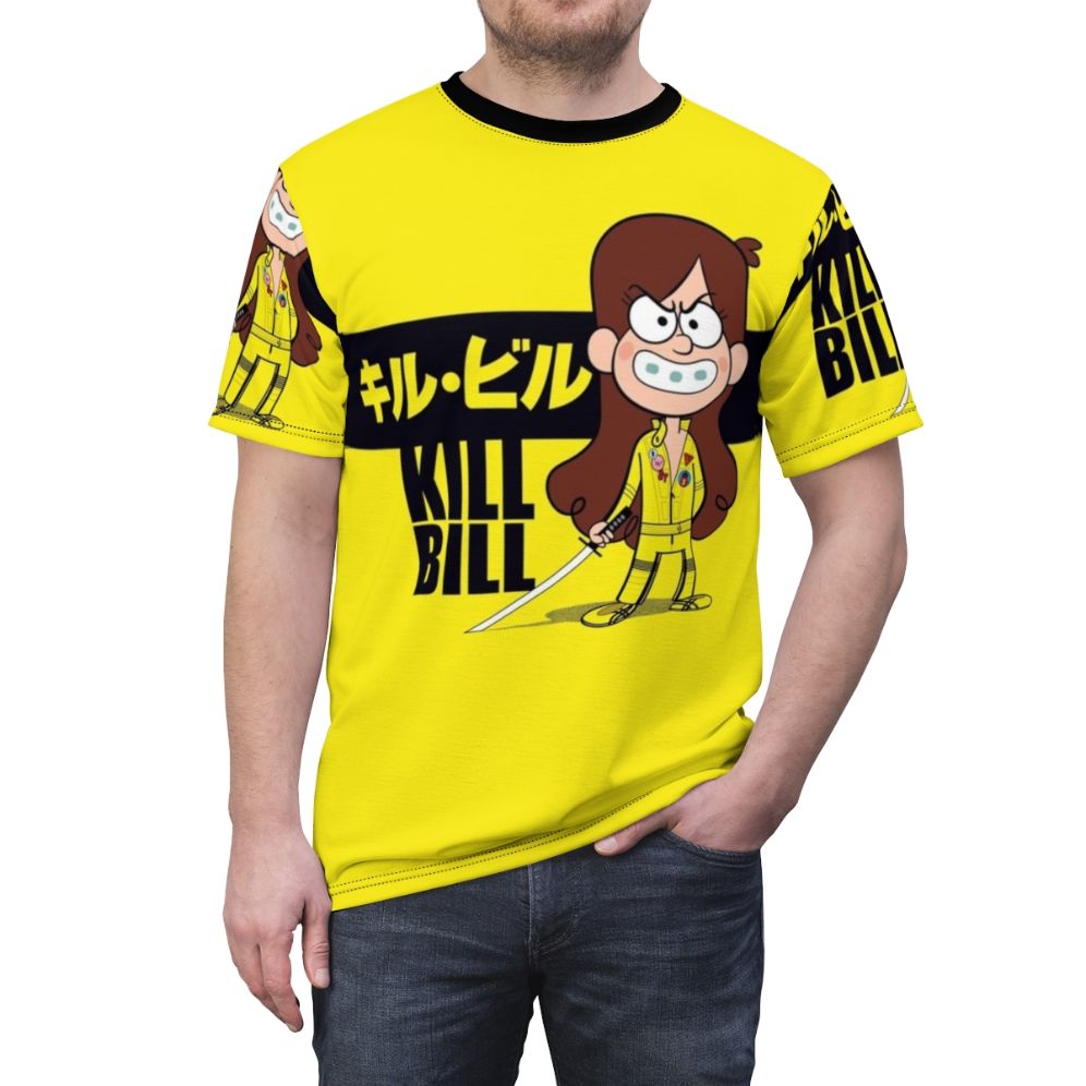 Anime-inspired pop culture t-shirt featuring characters and elements from Gravity Falls, Kill Bill, and other cult classic media - men front