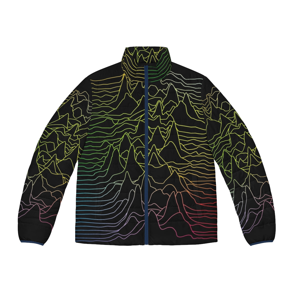 Minimalist black and white puffer jacket with abstract sound wave graphic design