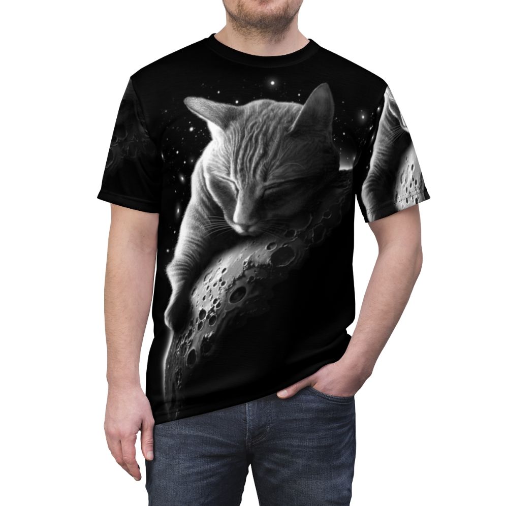 Mooncat AOP T-Shirt featuring a stylized cat astronaut in a space scene - men front