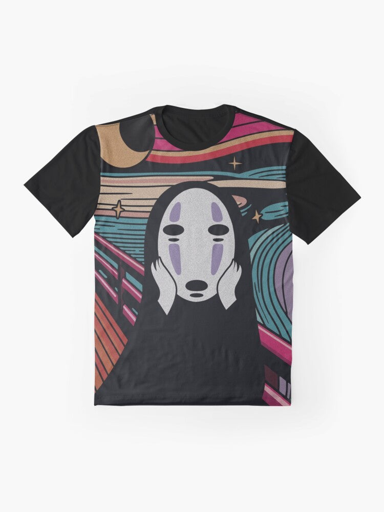 A graphic t-shirt with a design inspired by the iconic "The Scream" painting and the beloved anime film "Spirited Away" from Studio Ghibli. - Flat lay